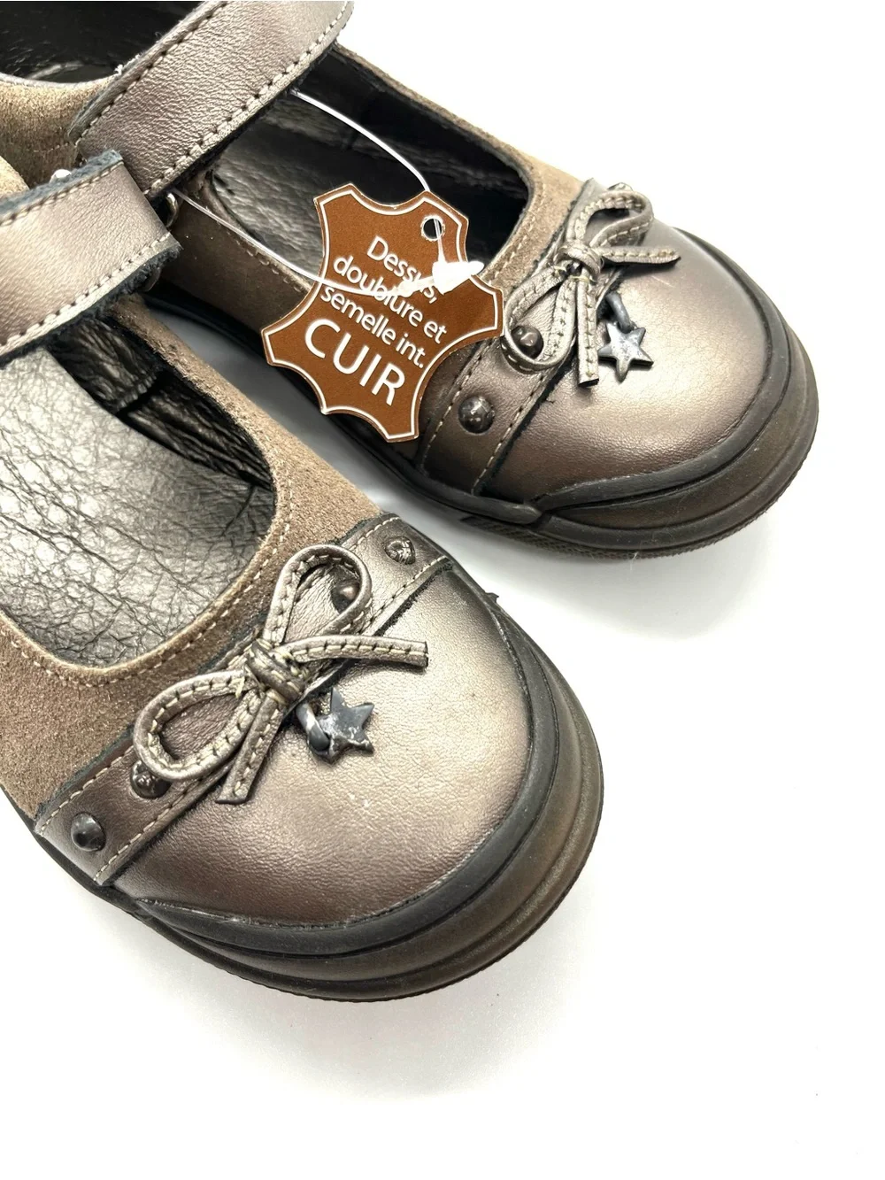 Girls Metallic Brown Leather Mary Jane Shoe with Star Charm & bow NWT